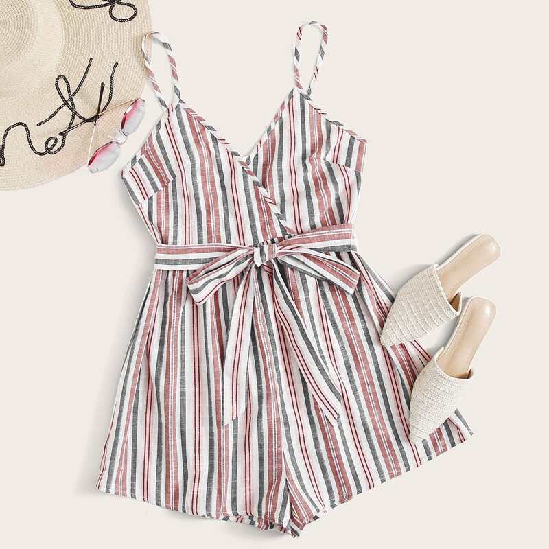

Surplice Neck Self Belted Striped Cami Romper, Multicolor