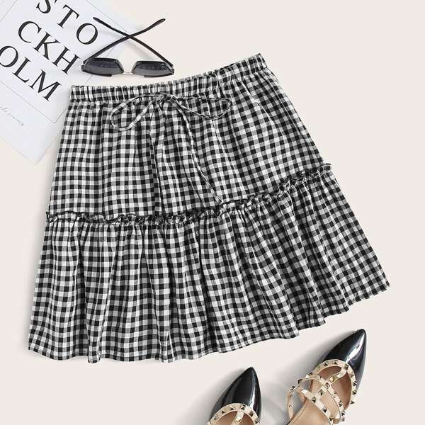 

Tie Waist Frill Trim Buffalo Plaid Skirt, Black and white