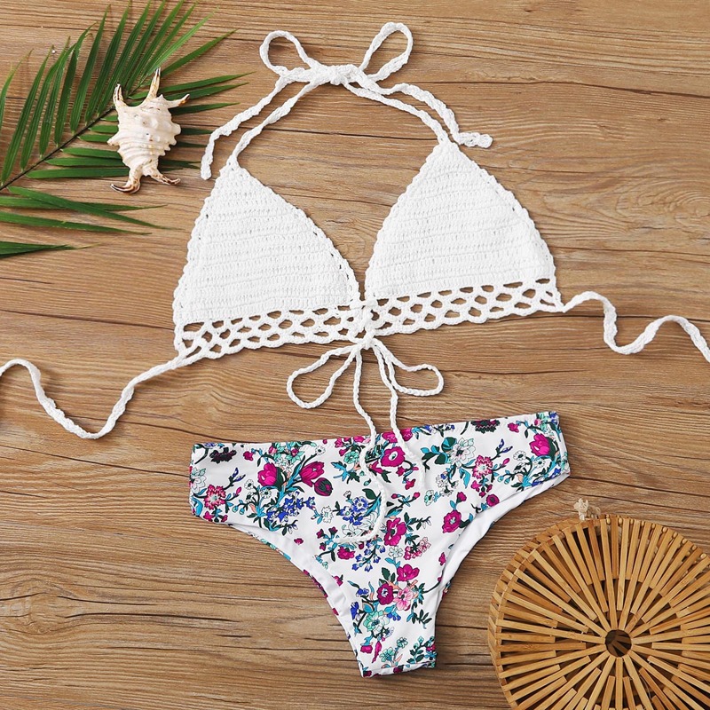 

Floral Random Crochet Halter Bikini Swimsuit, Multicolor