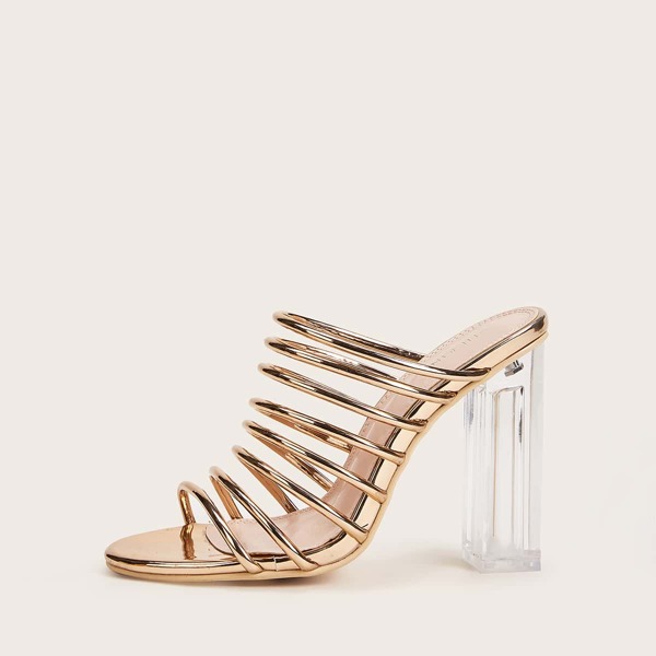 

Metallic Strappy Chunky Heeled Mules, Gold