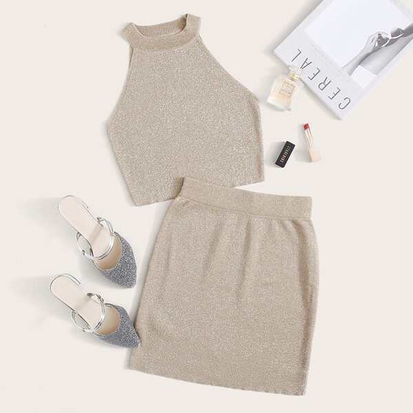 

Tinsel Knit Halter Top & Mini Skirt Set, Khaki