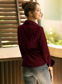 Solid Button Up Chiffon Shirt - Burgundy - View 2