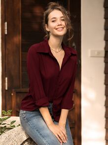 Solid Button Up Chiffon Shirt - Burgundy - View 3