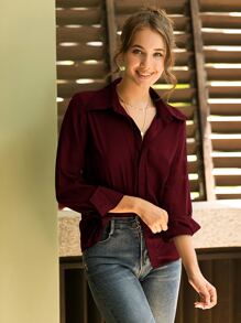 Solid Button Up Chiffon Shirt - Burgundy - View 4