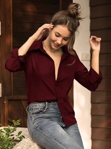 Solid Button Up Chiffon Shirt - Burgundy - View 5