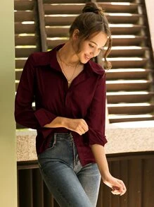 Solid Button Up Chiffon Shirt - Burgundy - View 6