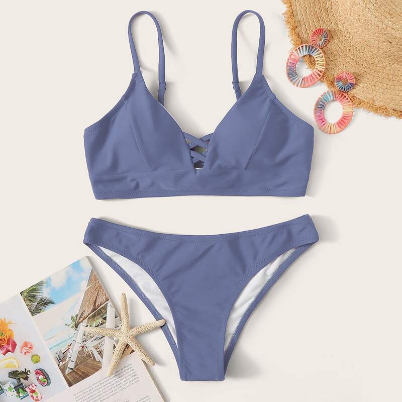 

Lace Up Back Bikini Swimsuit, Blue
