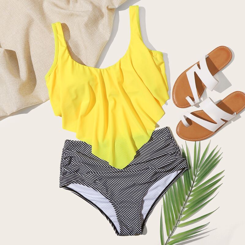 

Striped Hanky Hem High Waisted Bikini Swimsuit, Multicolor