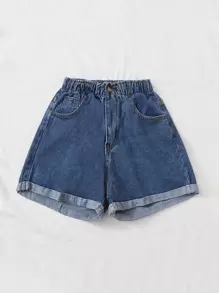 SHEIN EZwear 水洗捲邊下擺牛仔短褲