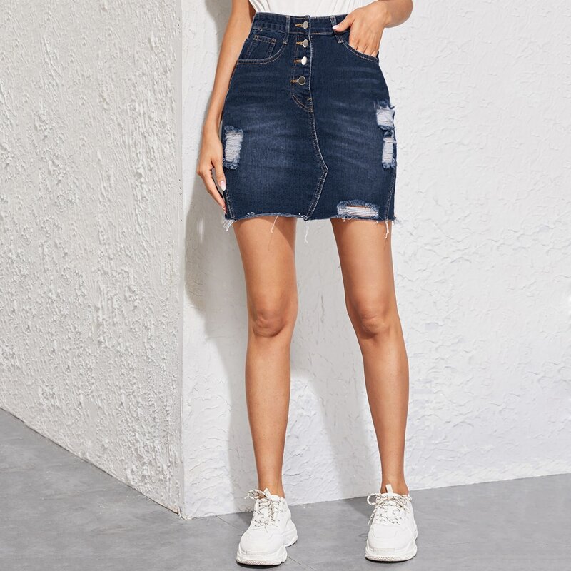 

Button Fly Raw Hem Ripped Denim Skirt, Navy blue