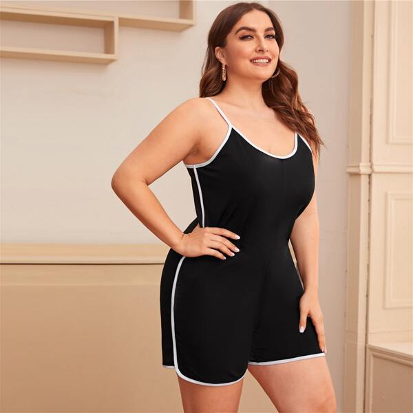 

Plus Contrast Binding Cami Romper, Black