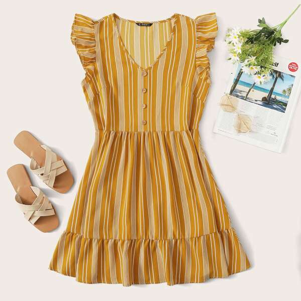 

Button Front Ruffle Trim Striped Dress, Yellow