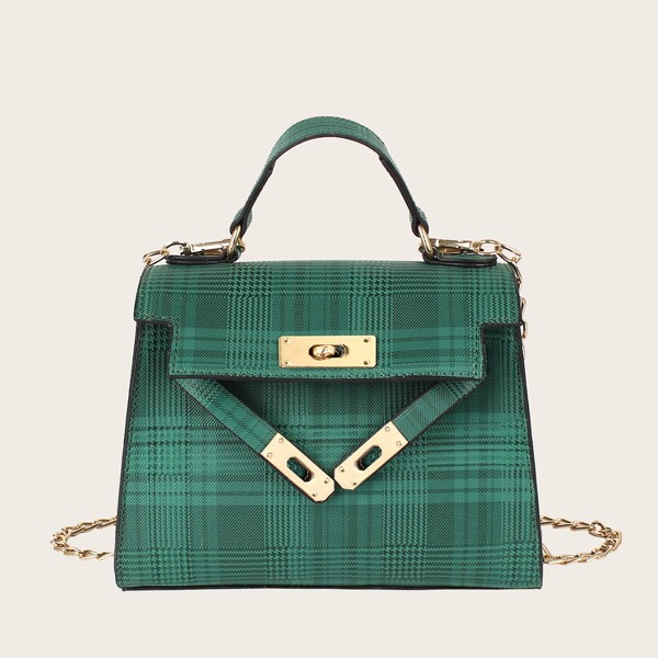 

Twist Lock Flap Plaid Satchel Bag, Green