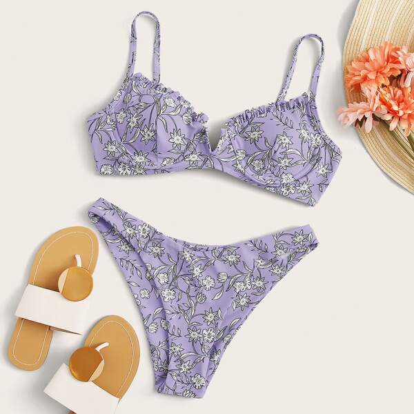 

Floral Frill Underwire High Leg Bikini Swimsuit, Purple