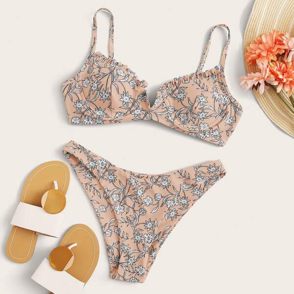

Floral Frill Underwire High Leg Bikini Swimsuit, Apricot