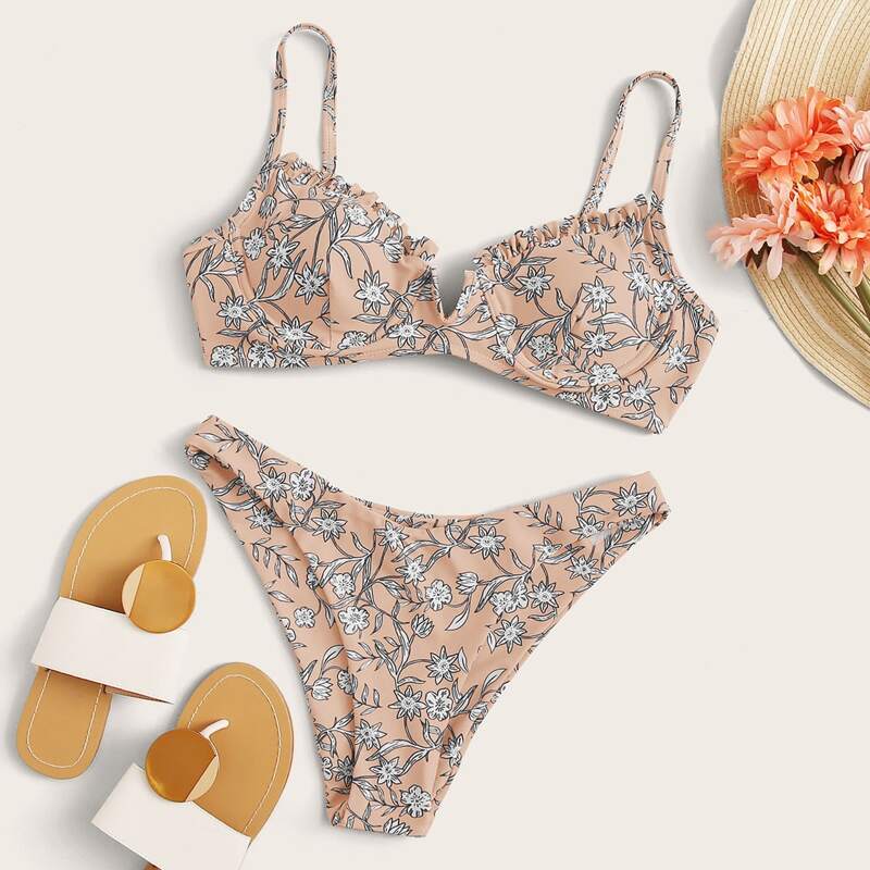 

Floral Frill Underwire High Leg Bikini Swimsuit, Apricot