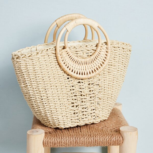 

Woven Tote Bag With Ring Handle, Khaki