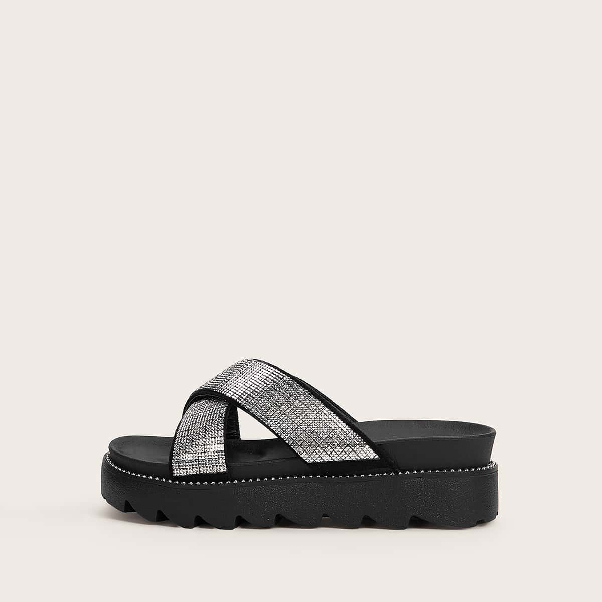 

Cross Strap Wide Fit Sliders, Silver