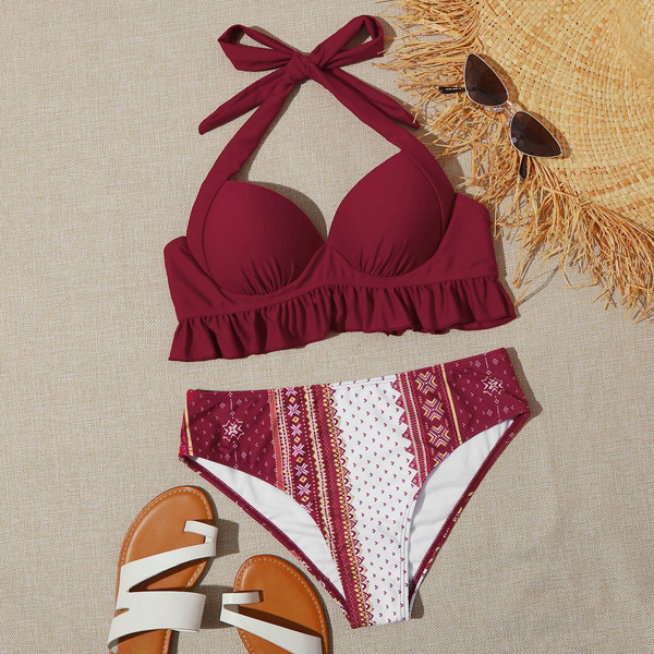 

Tribal Ruffle Halter Push Up Bikini Swimsuit, Multicolor