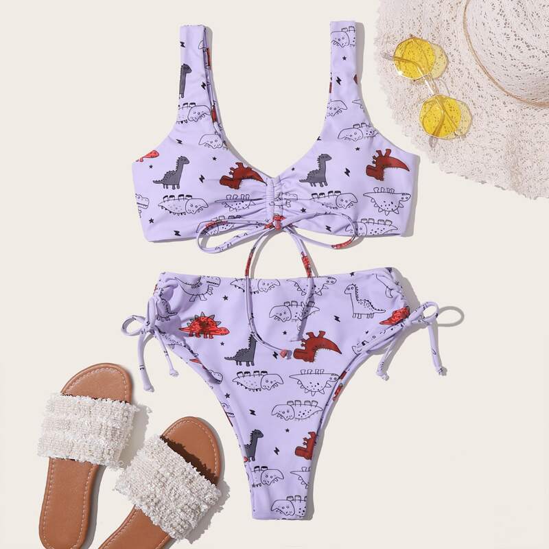 

Cartoon Dinosaur Drawstring Tie Side Bikini Swimsuit, Purple