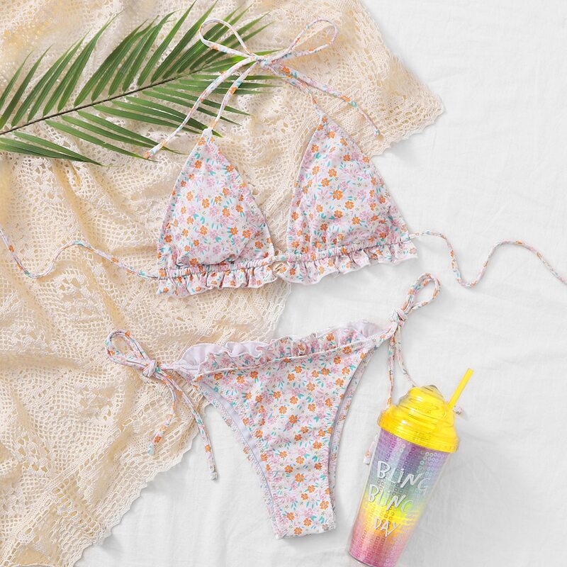 

Ditsy Floral Triangle Tie Side Bikini Swimsuit, Multicolor