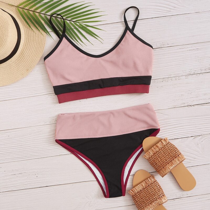 

Color Block High Waisted Bikini Swimsuit, Multicolor