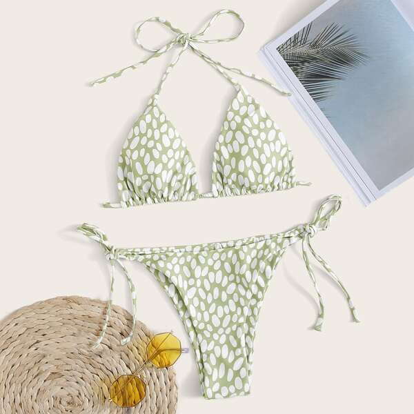 

Dalmatian Halter Triangle Tie Side Bikini Swimsuit, Green
