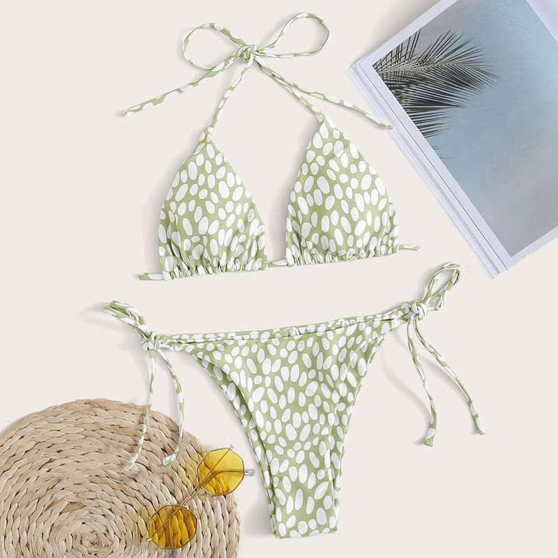 

Dalmatian Halter Triangle Tie Side Bikini Swimsuit, Green