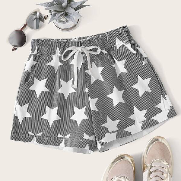 

Star Graphic Striped Drawstring Shorts, Grey