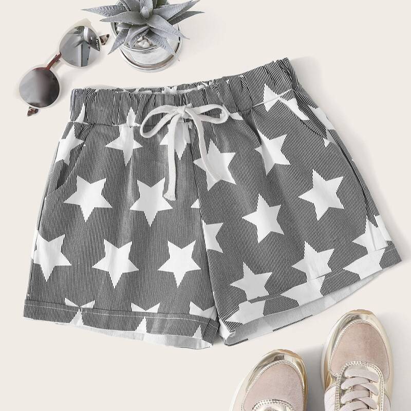 

Star Graphic Striped Drawstring Shorts, Grey