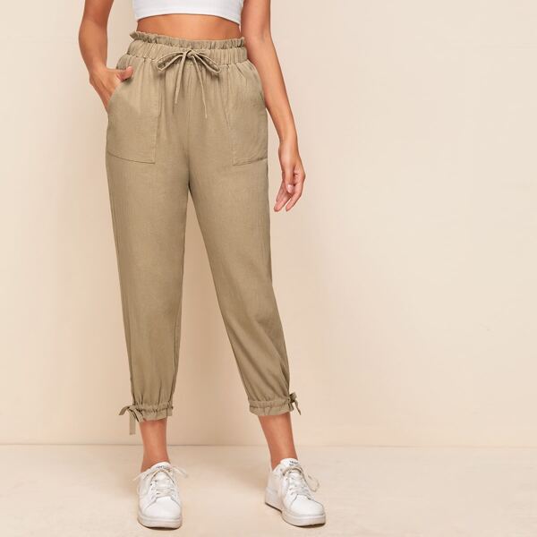 

Paperbag Waist Drawstring Detail Pants, Khaki