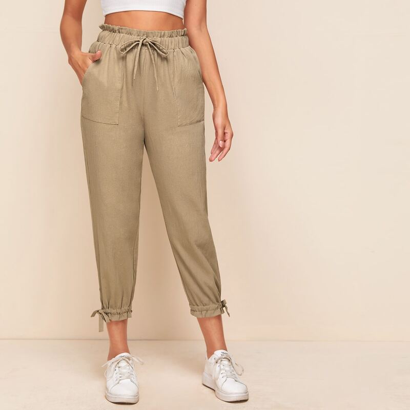 

Paperbag Waist Drawstring Detail Pants, Khaki
