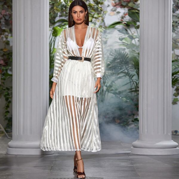 

Striped Organza Overlay Skirt Without Belt, White