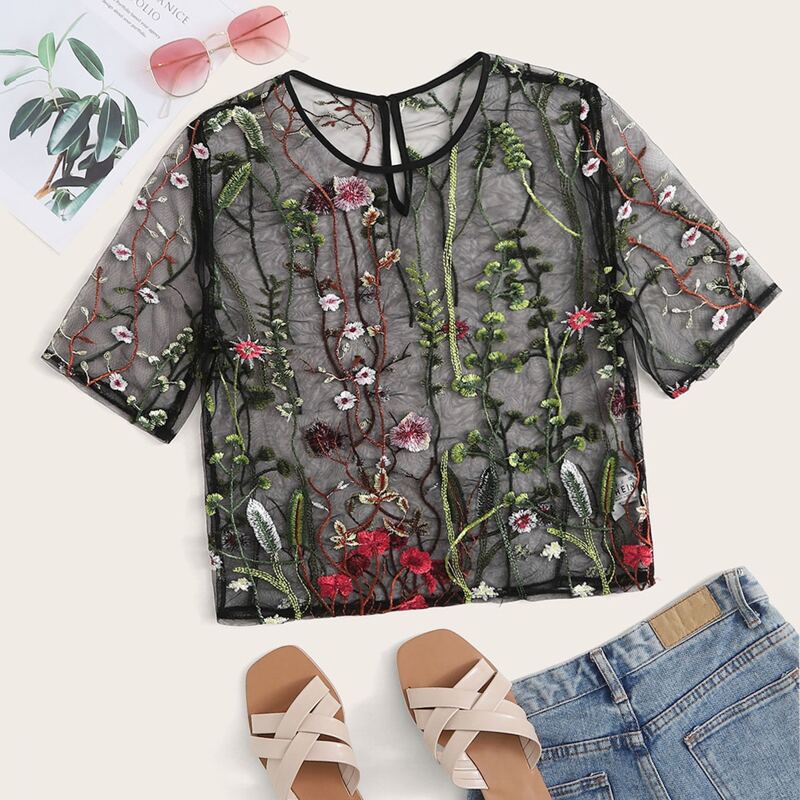 

Floral Embroidery Mesh Sheer Top, Black