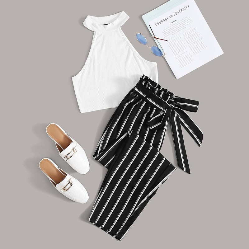 

Solid Halter Top & Striped Belted Pants Set, Black and white