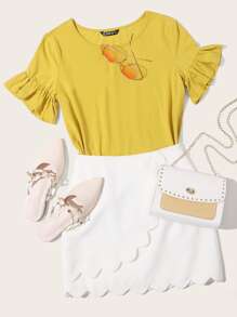 SHEIN LUNE Camiseta unicolor de manga con volante - Amarillo - Ver 1