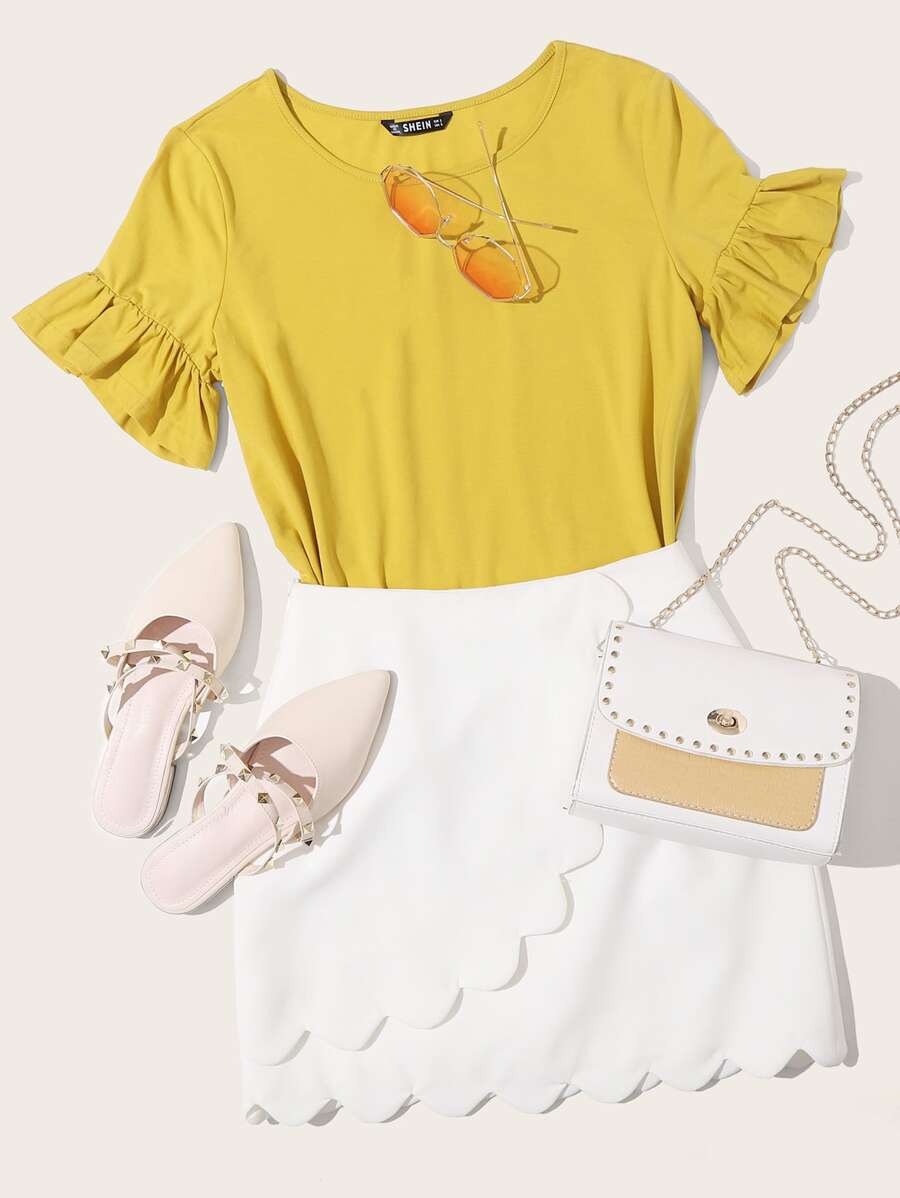 SHEIN LUNE Camiseta unicolor de manga con volante - Amarillo - Ver 1