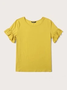 SHEIN LUNE Camiseta unicolor de manga con volante - Amarillo - Ver 5