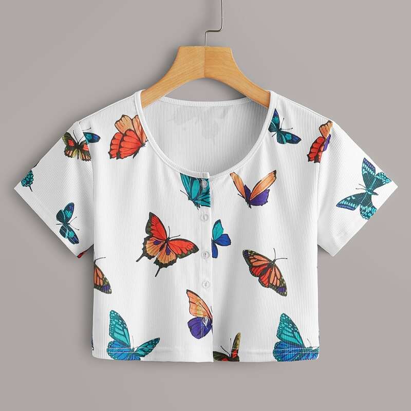 

Butterfly Graphic Button Front Tee, White