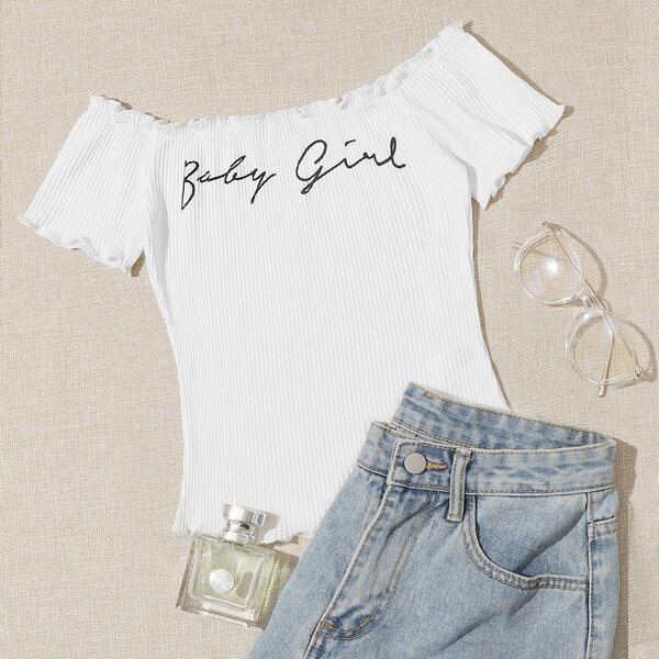 

Lettuce Trim Slogan Graphic Rib-knit Bardot Tee, White