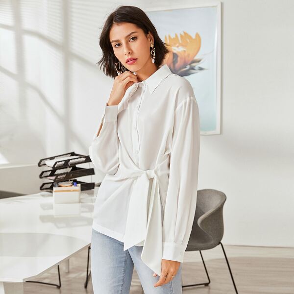 

Tie Front Button Up Solid Blouse, White