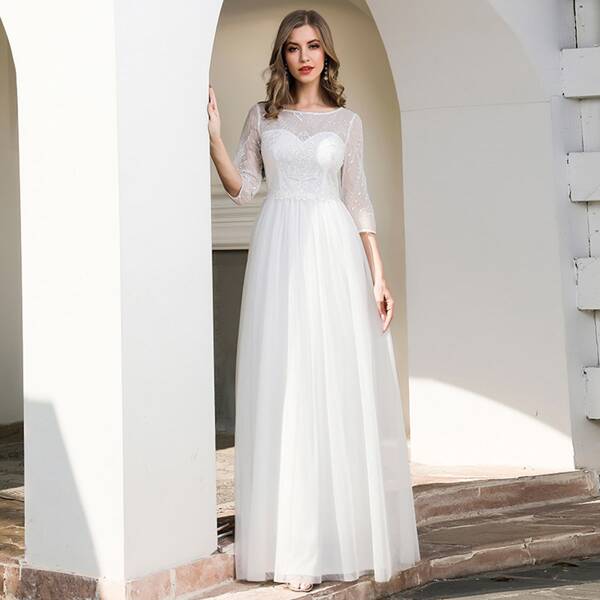 

Zip Back Embroidered Bodice Mesh Prom Dress, White