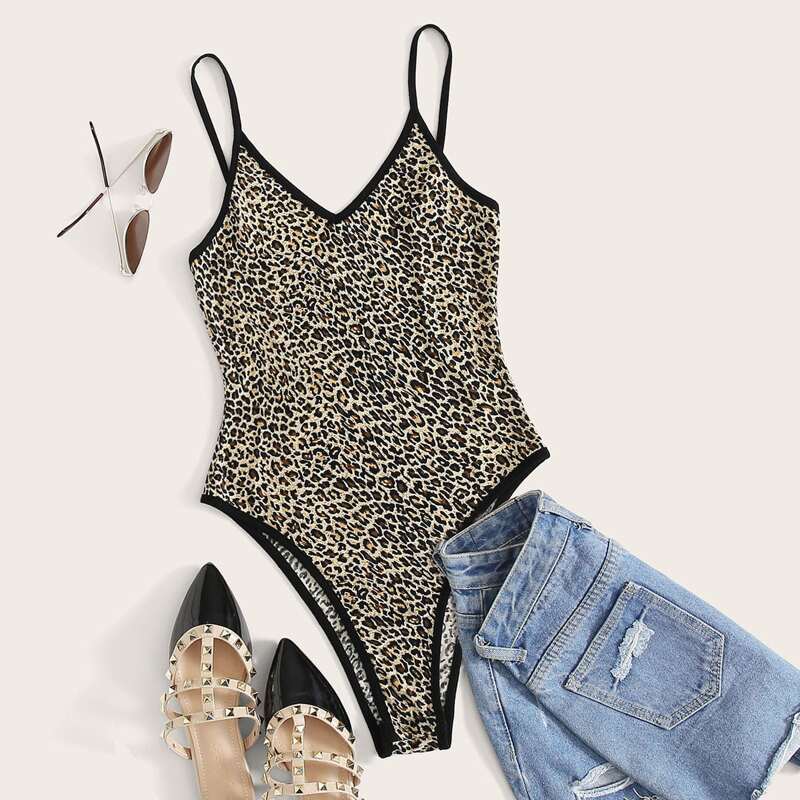 

Contrast Binding High Cut Leopard Cami Bodysuit, Multicolor