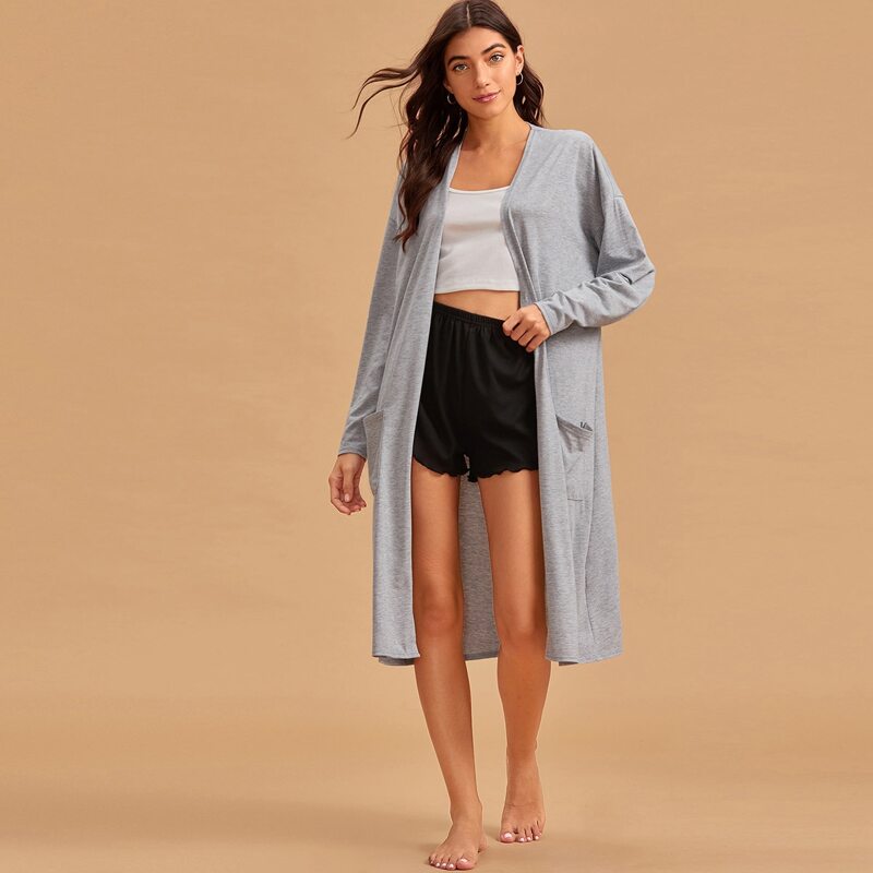 

Space Dye Open Front Solid Robe, Grey