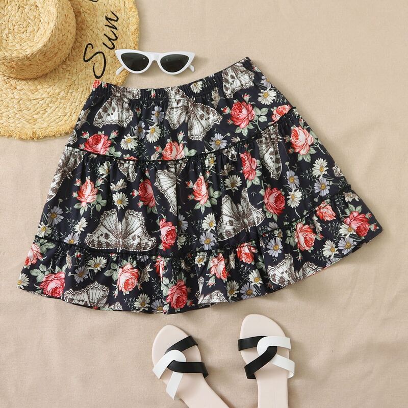 

Butterfly & Flower Print Tiered Skirt, Multicolor