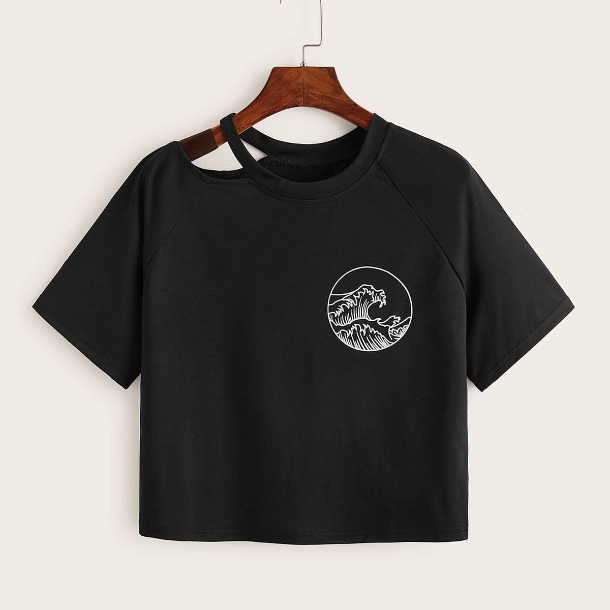 

Wave Graphic Cutout Neck Tee, Black