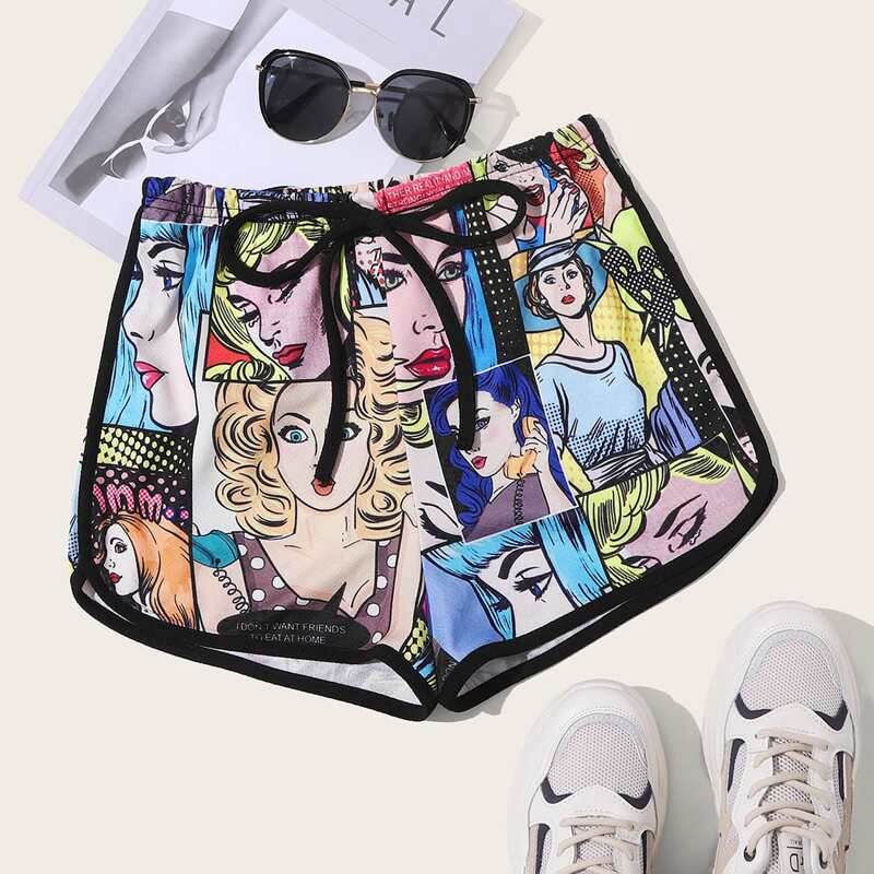 

Pop Art Print Tie Waist Dolphin Shorts, Multicolor