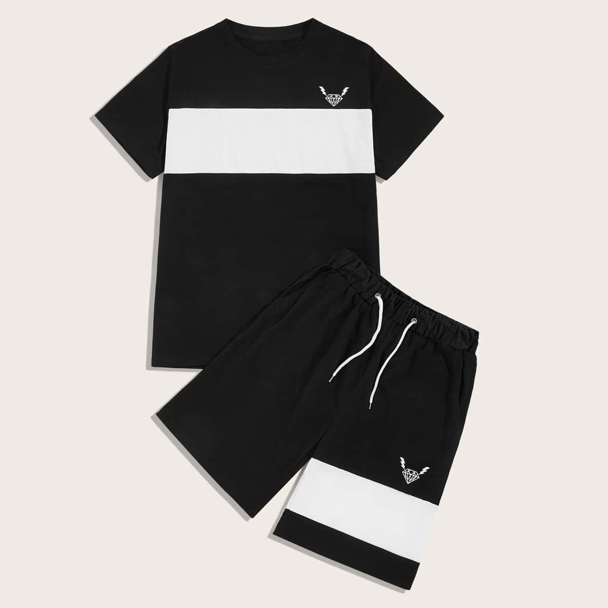 

Guys Contrast Panel Diamond Print Tee & Drawstring Shorts, Black