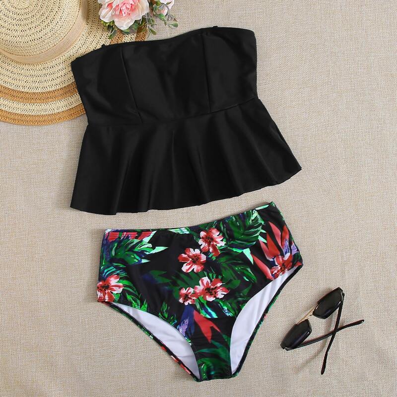 

Tropical Ruffle Hem Bandeau Bikini Swimsuit, Multicolor