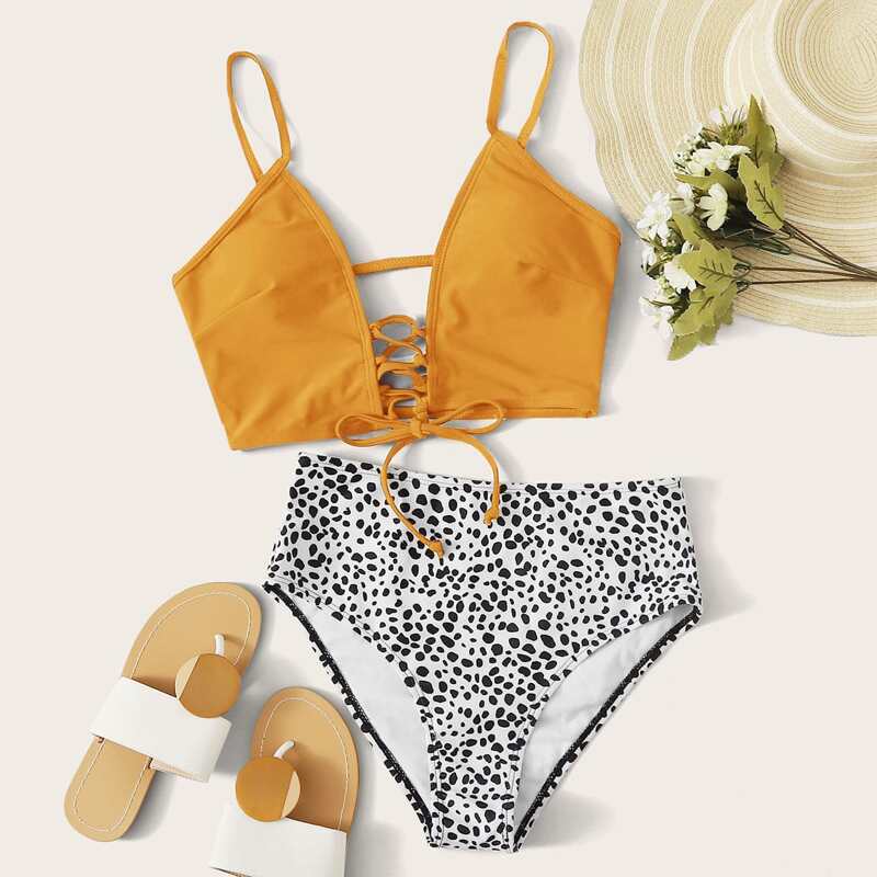 

Dalmatian Lace-up Front High Waisted Bikini Swimsuit, Multicolor